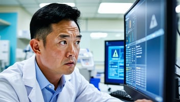 medical professional looking at security warnings on computer